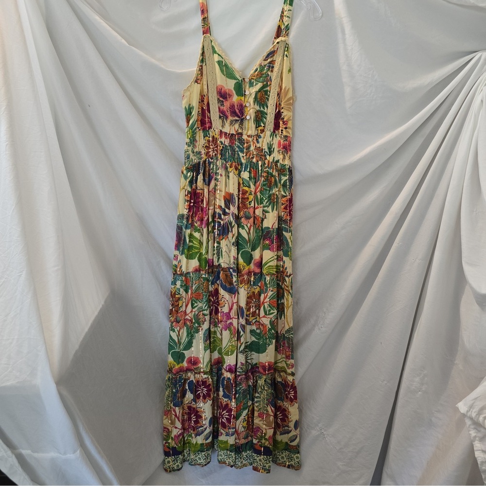 Anthropologie Me 2 Magic Boho Maxi Floral Dress Metallic Thread Crochet Sz M